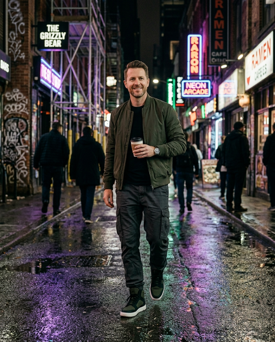 Consistent AI virtual model in a neon city lifestyle scene